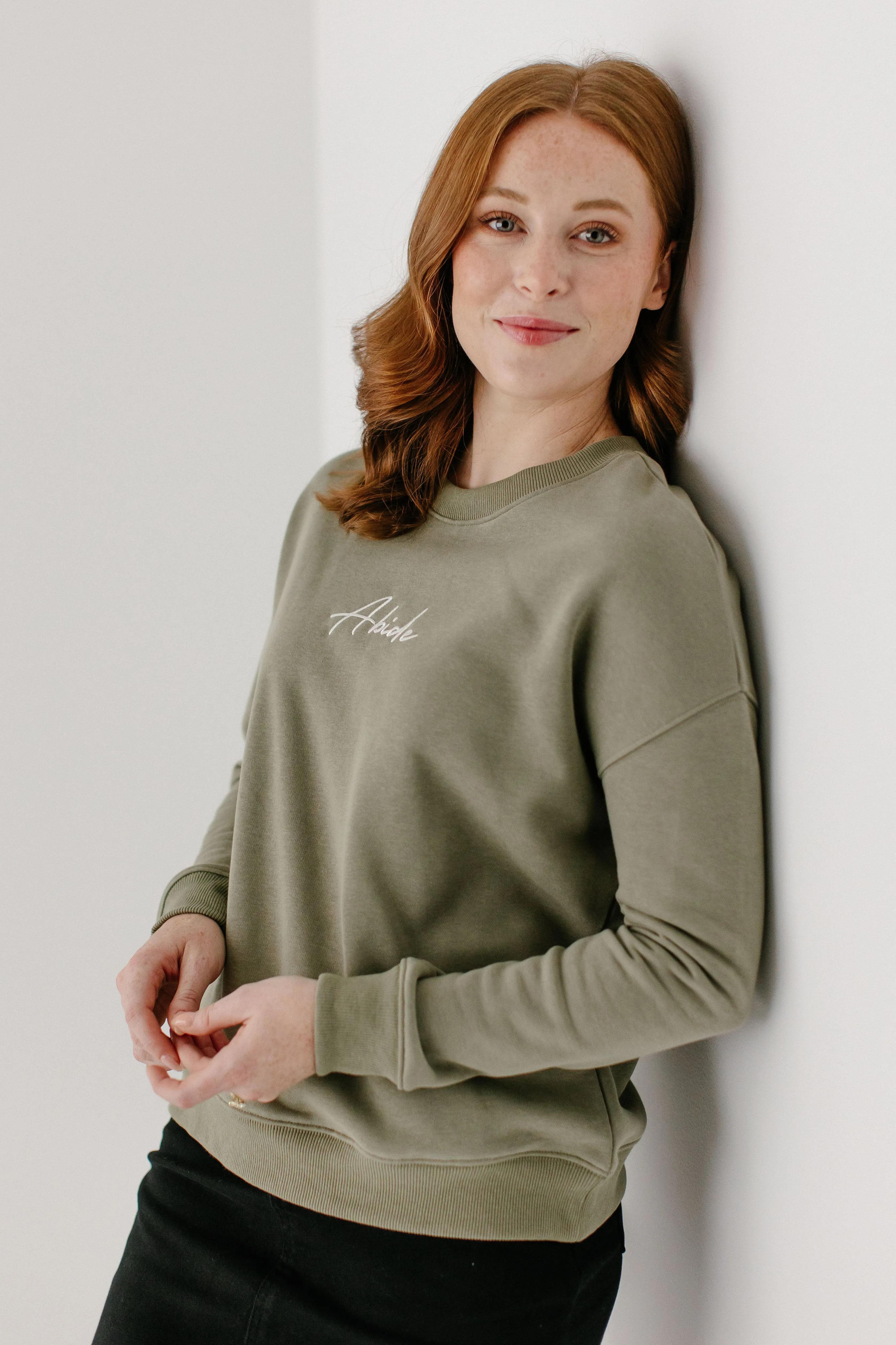 'Abide' Embroidered Pullover in Washed Olive FINAL SALE