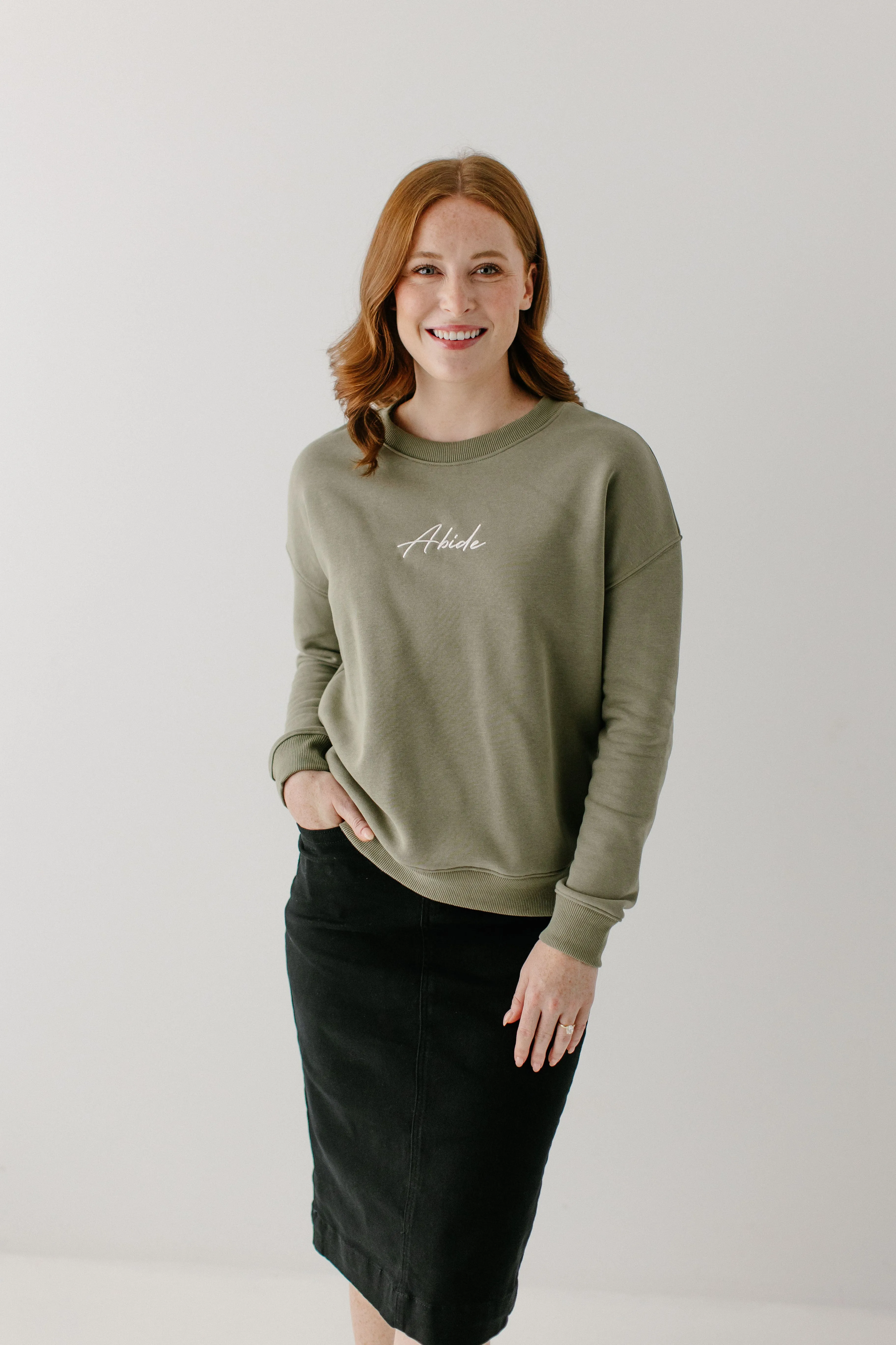 'Abide' Embroidered Pullover in Washed Olive FINAL SALE