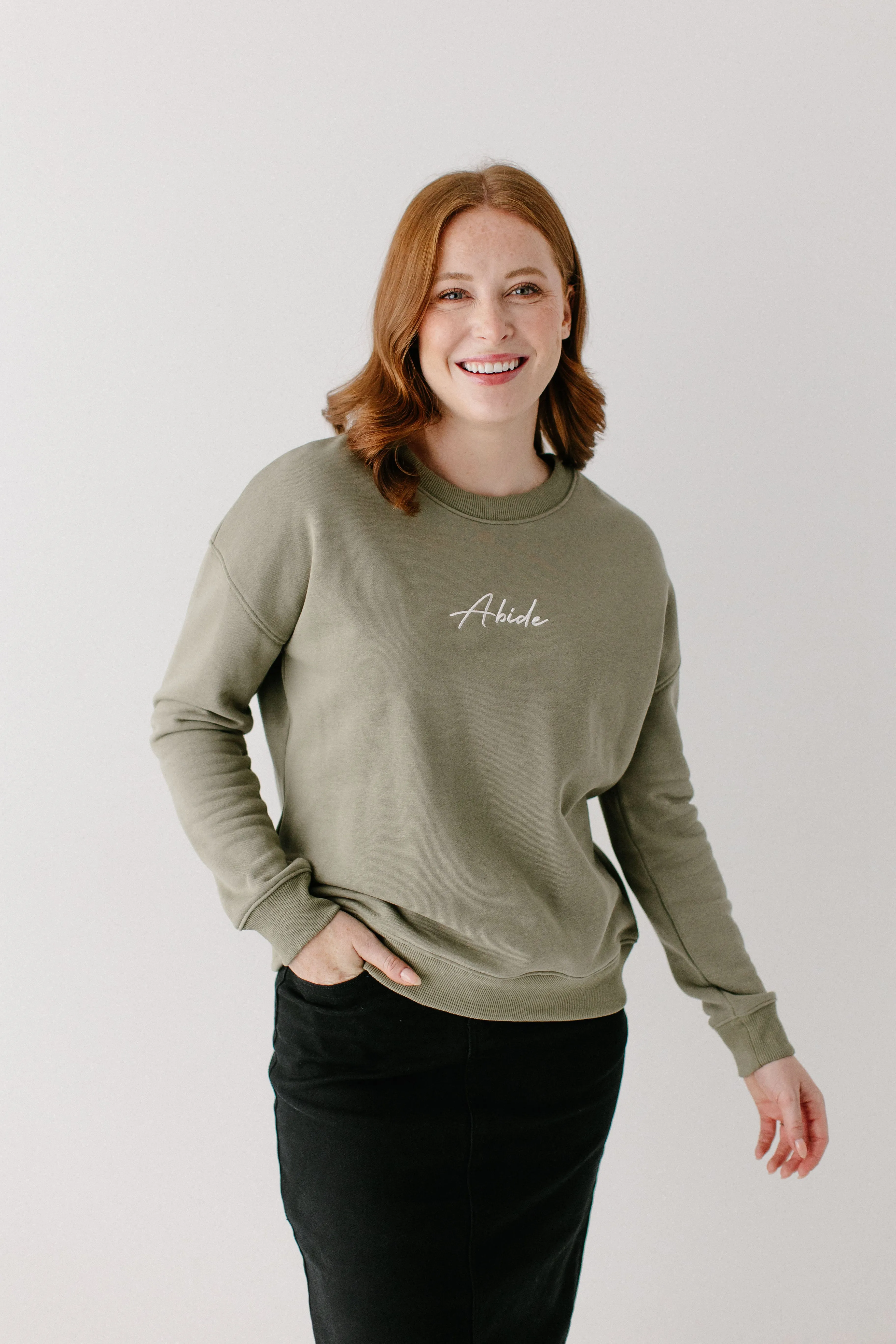 'Abide' Embroidered Pullover in Washed Olive FINAL SALE