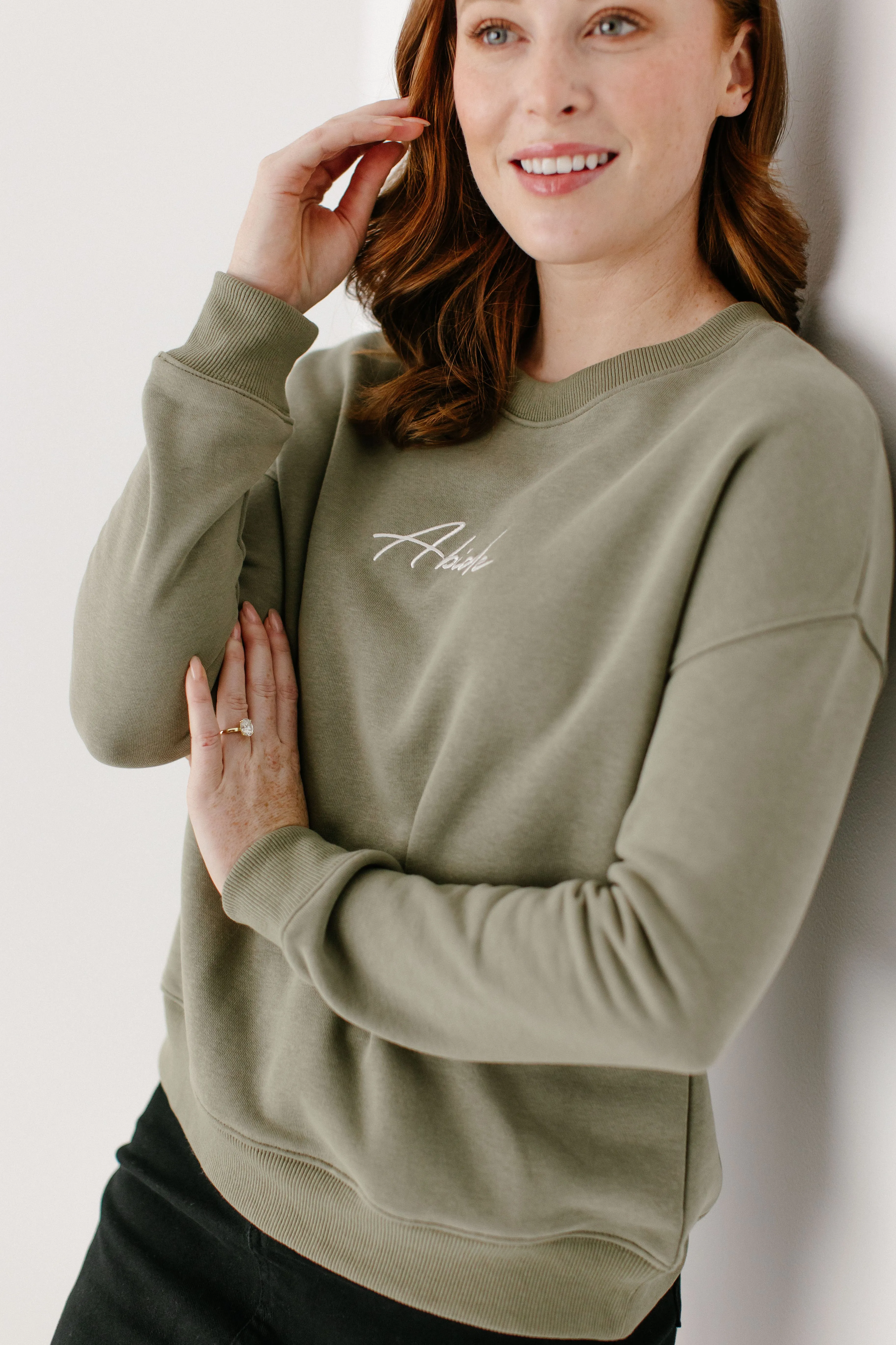 'Abide' Embroidered Pullover in Washed Olive FINAL SALE