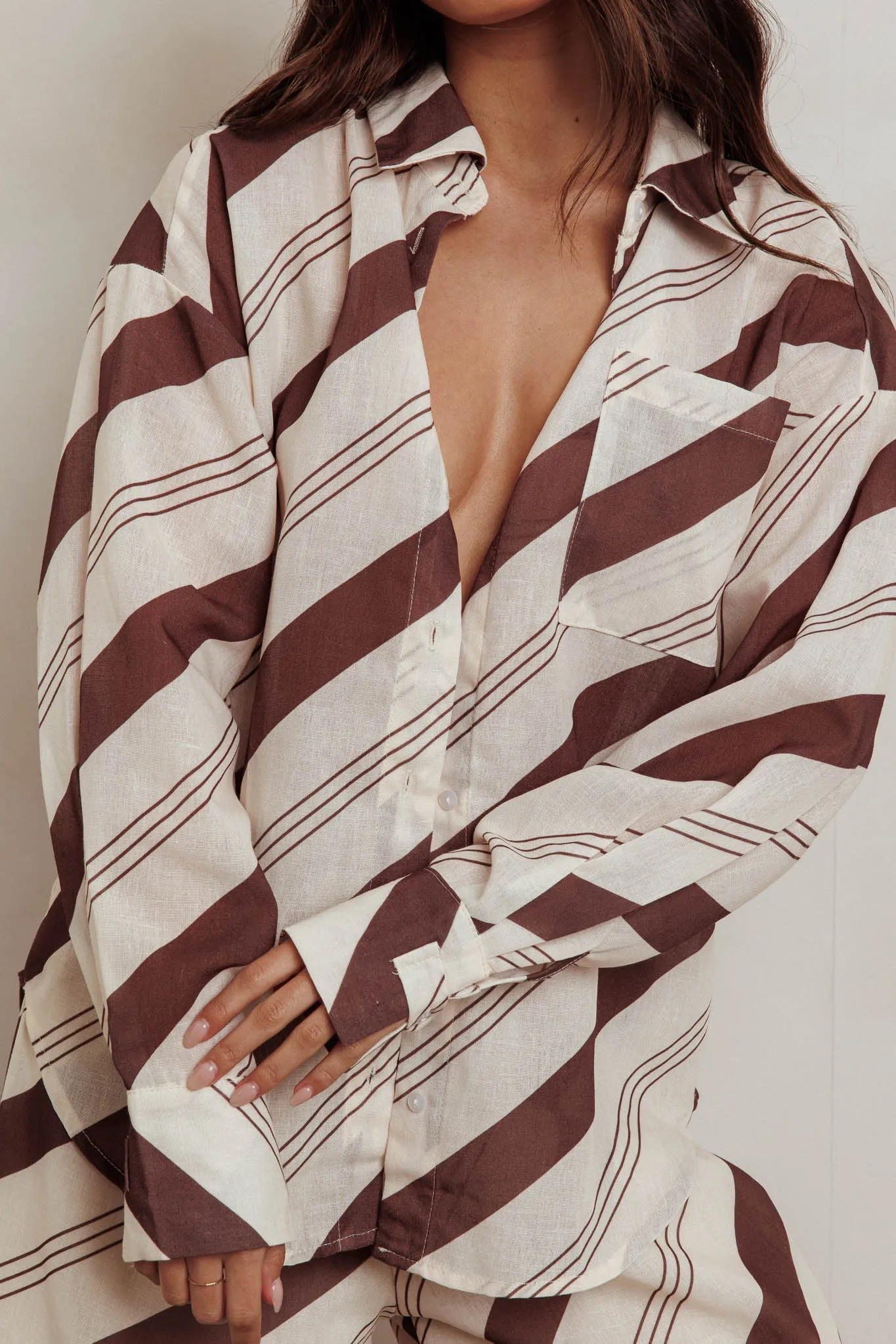 Alex Long Sleeve Striped Print Shirt Cream/Cacao