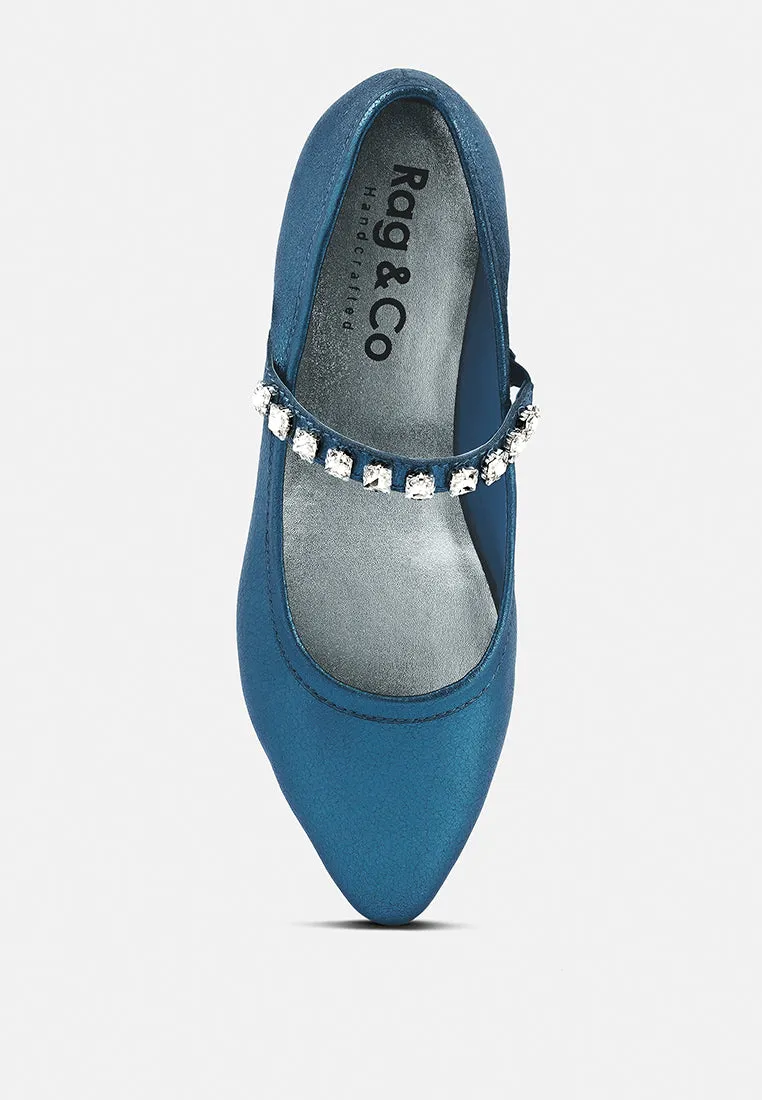 ALVERNO Metallic Diamante Mary Jane Leather Flats In Blue