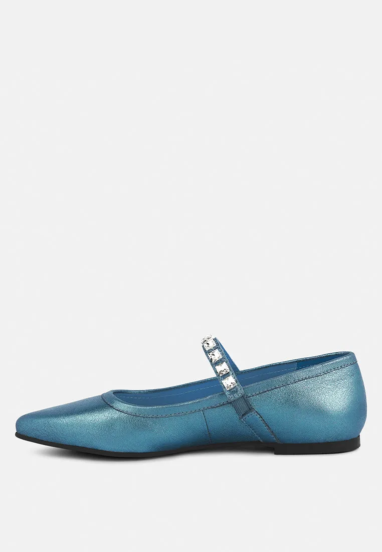 ALVERNO Metallic Diamante Mary Jane Leather Flats In Blue