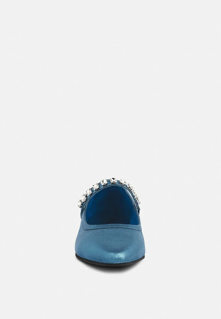 ALVERNO Metallic Diamante Mary Jane Leather Flats In Blue