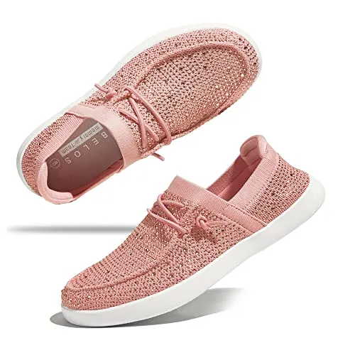 BELOS Women's Rhinestone Lace Up Loafers Shoes Comfortable Slip On Mesh Knit Walking Shoes Fashion Lightweight Sparkly Glitter Sneaker(Pink,6