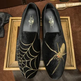 Black Spider Embroidery Suede Loafers