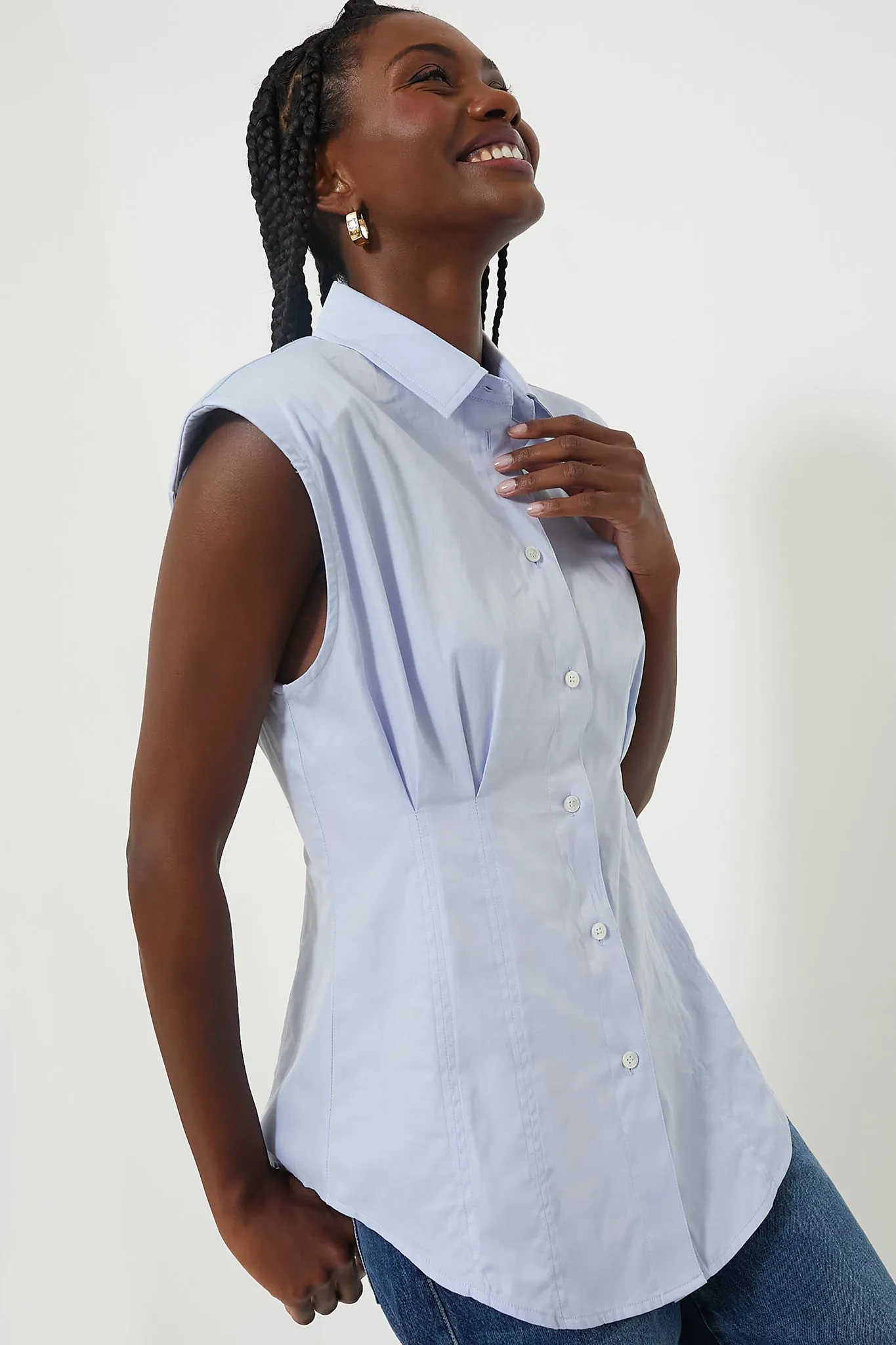 Blue Kendra Shirting Sleeveless Button Down