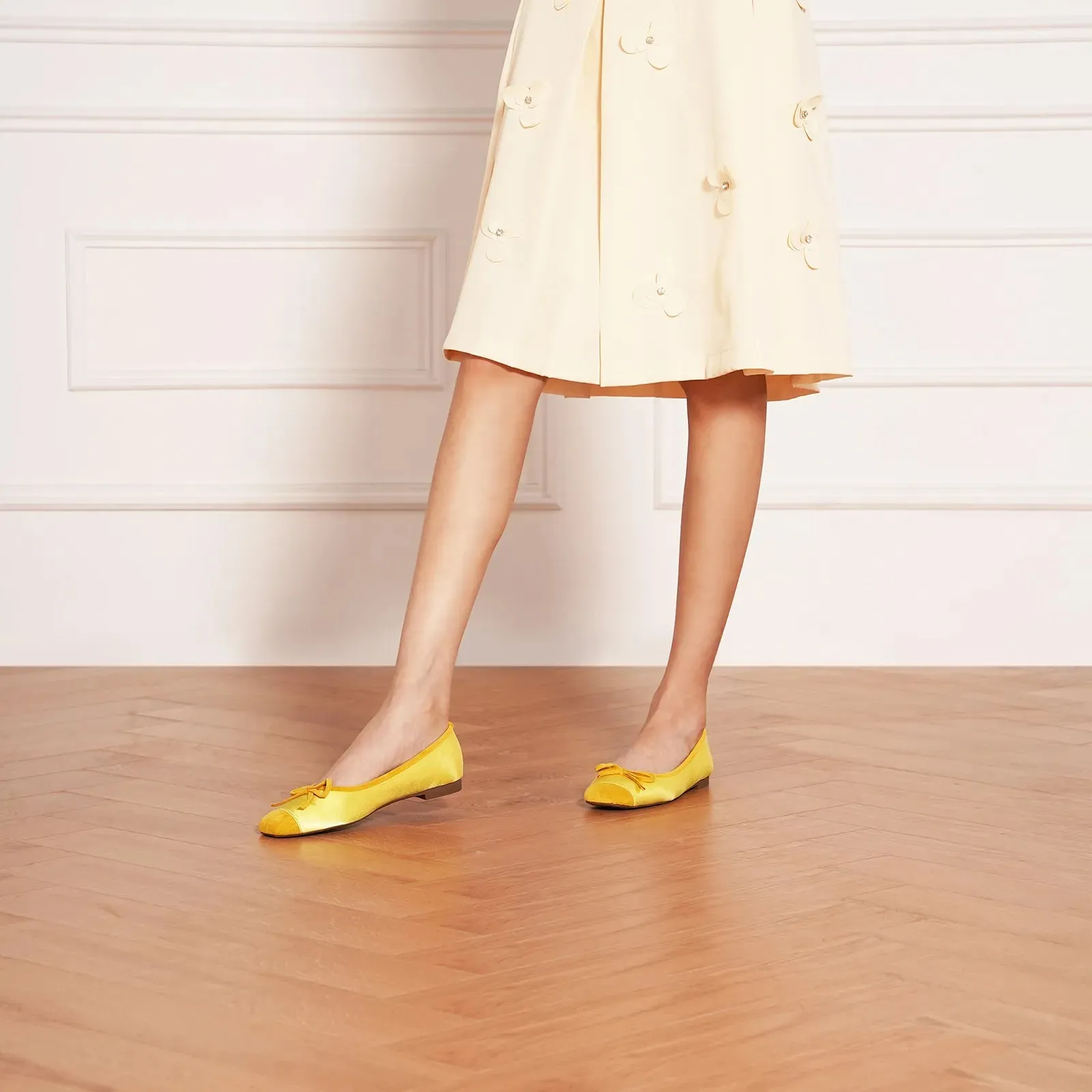 Cap-Toe Silk Ballet Flats (Elena) Yellow