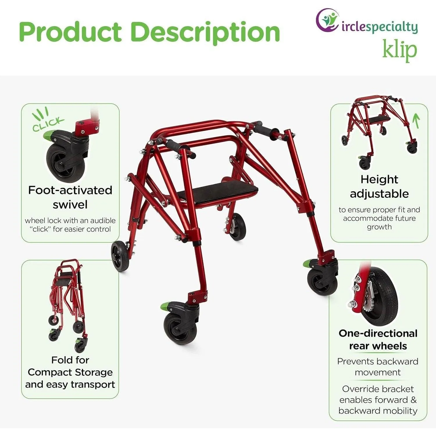 Circle Specialty Klip 4-Wheel Walker 8” Outdoor Wheels