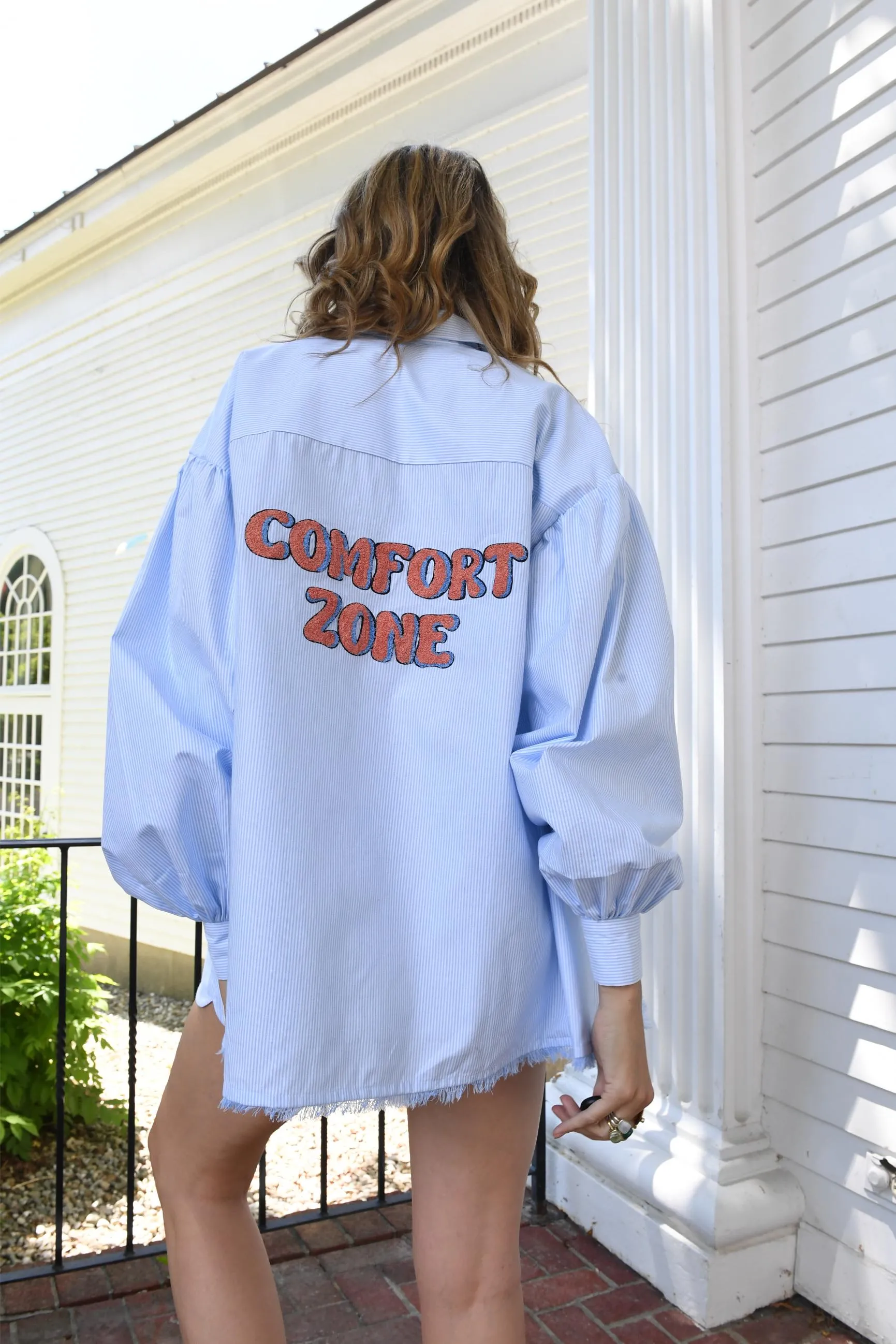 COMFORT ZONE BLUE STRIPE OVERSIZED SHIRT WITH SCALLOP SHORTS