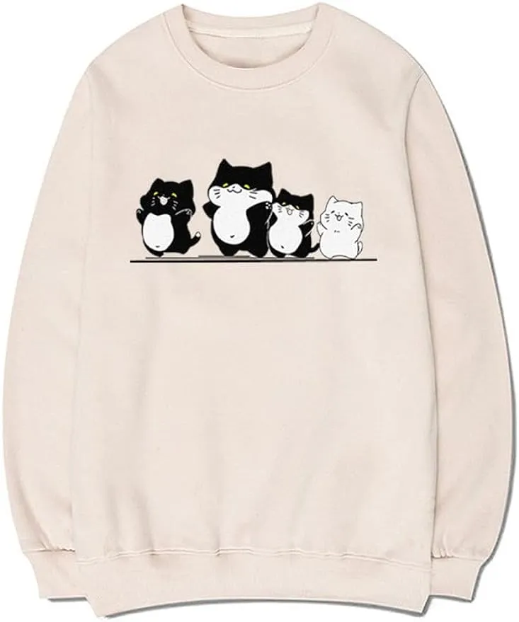 CORIRESHA Cute Cat Sweatshirt Crewneck Long Sleeve Cotton Basic Simple Pullover