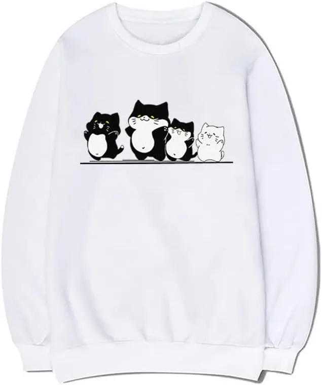 CORIRESHA Cute Cat Sweatshirt Crewneck Long Sleeve Cotton Basic Simple Pullover