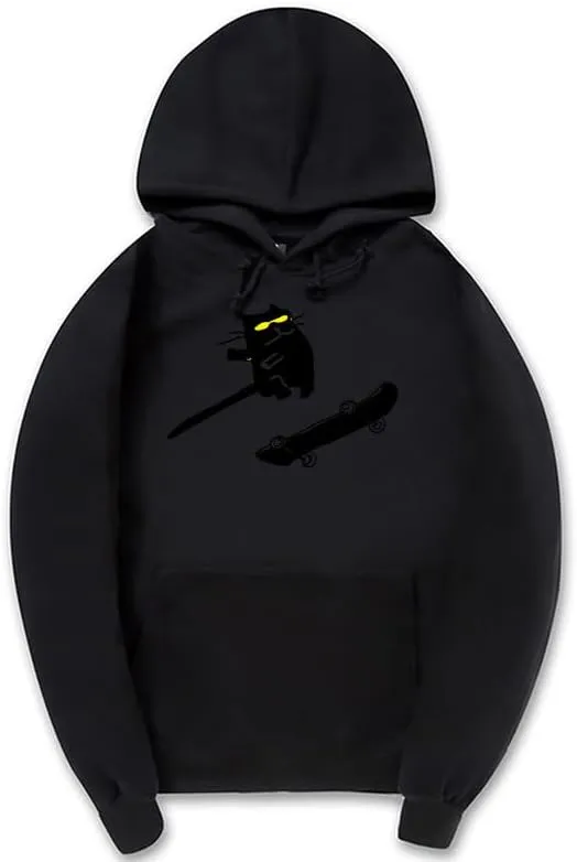 CORIRESHA Funny Cat Skateboard Drawstring Long Sleeve Kangaroo Pocket Hoodie Sweatshirt