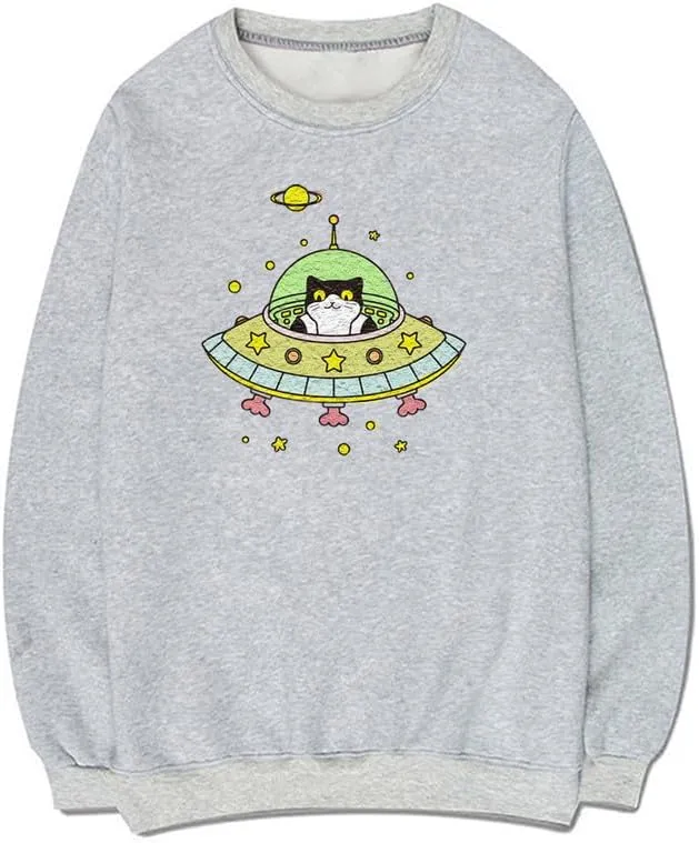 CORIRESHA Space Lover Sweatshirt Crew Neck Long Sleeve Cute Cat Spaceship Pullover