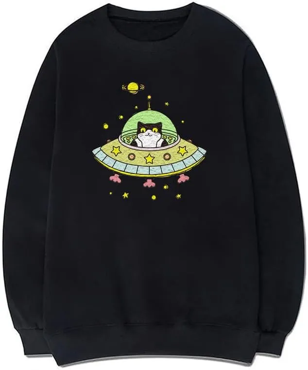 CORIRESHA Space Lover Sweatshirt Crew Neck Long Sleeve Cute Cat Spaceship Pullover