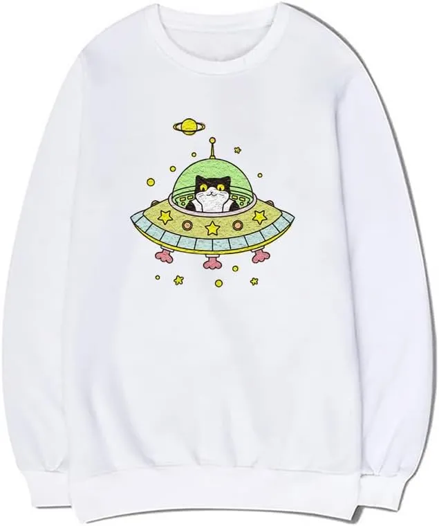 CORIRESHA Space Lover Sweatshirt Crew Neck Long Sleeve Cute Cat Spaceship Pullover