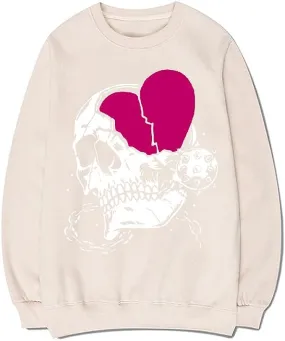 CORIRESHA Teen Casual Halloween Skull Crewneck Long Sleeve Cute Heart Sweatshirt