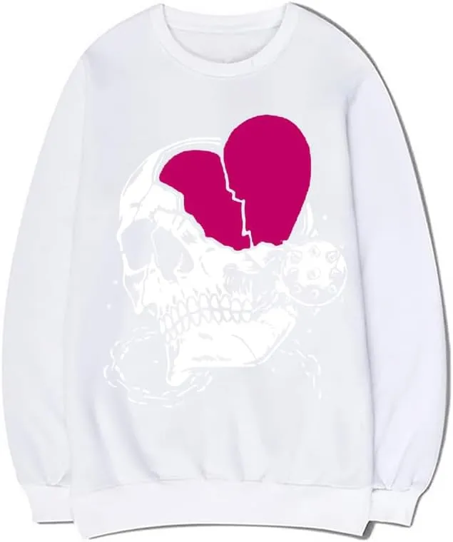 CORIRESHA Teen Casual Halloween Skull Crewneck Long Sleeve Cute Heart Sweatshirt