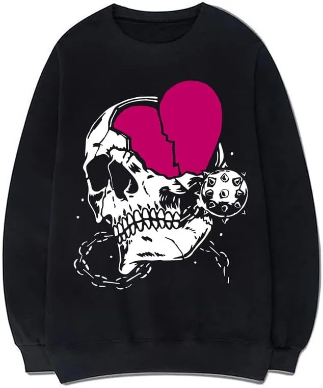 CORIRESHA Teen Casual Halloween Skull Crewneck Long Sleeve Cute Heart Sweatshirt