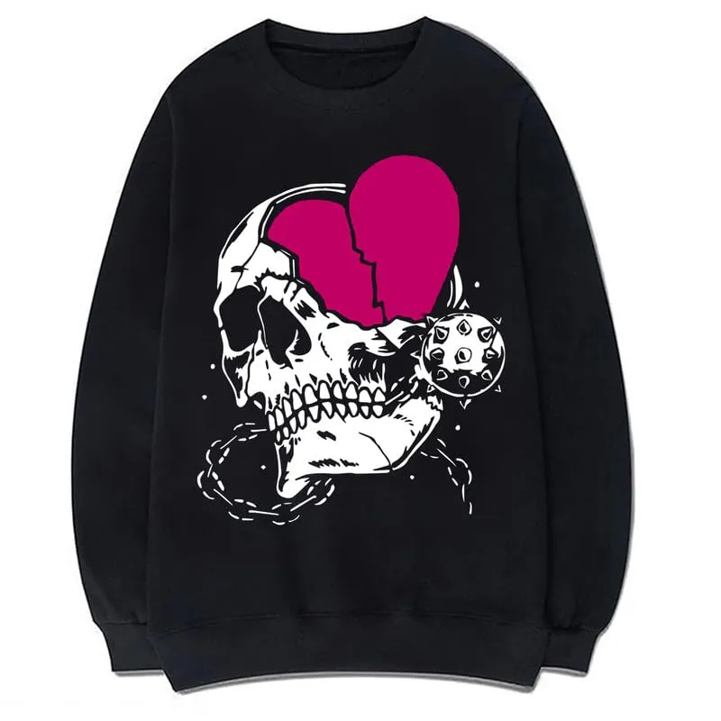 CORIRESHA Teen Casual Halloween Skull Crewneck Long Sleeve Cute Heart Sweatshirt