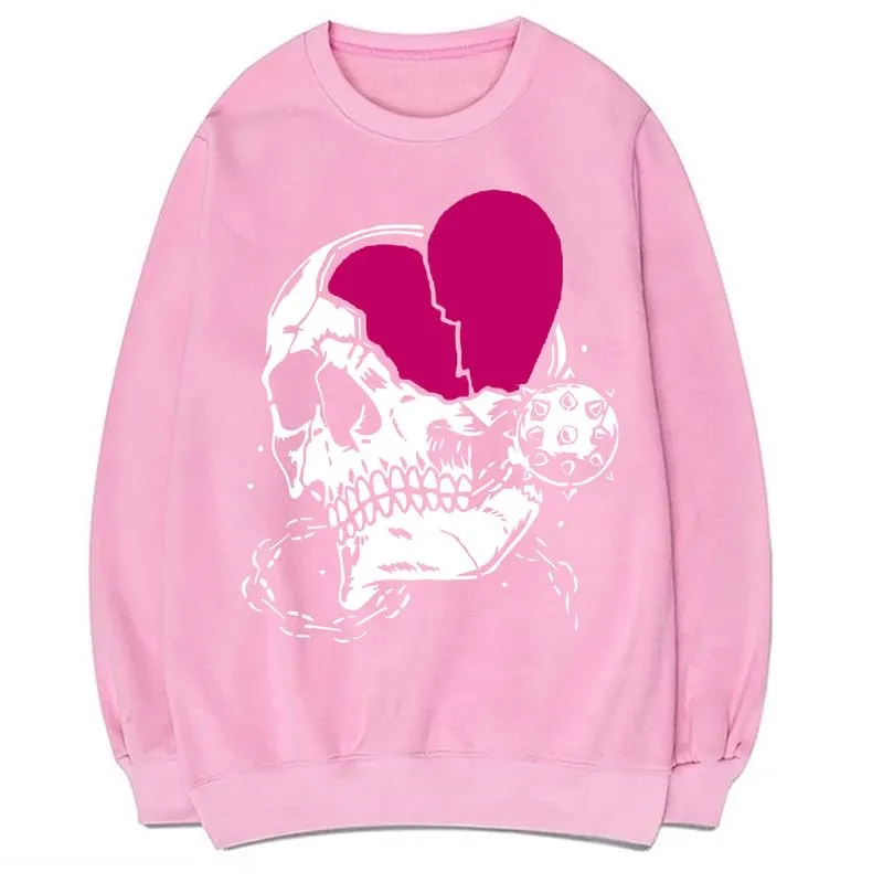 CORIRESHA Teen Casual Halloween Skull Crewneck Long Sleeve Cute Heart Sweatshirt