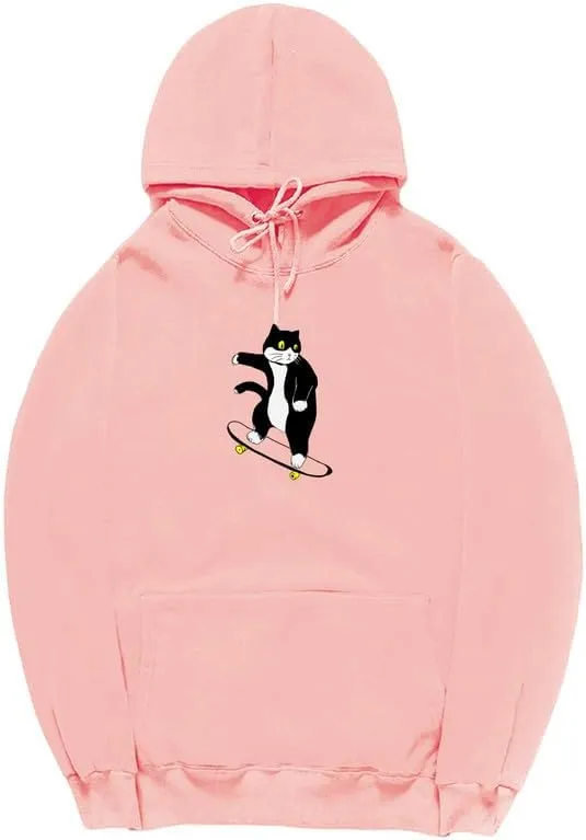 CORIRESHA Teen Cat Lover Hoodie Long Sleeve Drawstring Kangaroo Pocket Cute Skateboard Sweatshirt