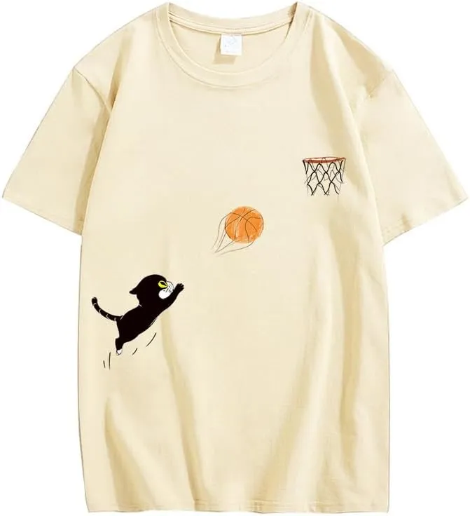 CORIRESHA Teen Cute Cat Basketball Crew Neck Short Sleeve Loose Soft Cotton T-Shirt