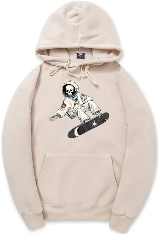 CORIRESHA Unisex Halloween Skull Astronaut Hoodie Casual Long Sleeve Drawstring Skateboarding Sweatshirt