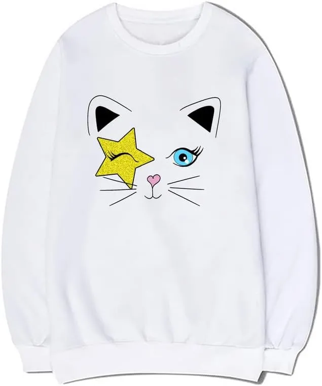 CORIRESHA Unisex Stars Y2k Pattern Crewneck Long Sleeves Casual Cat Lovers Sweatshirts