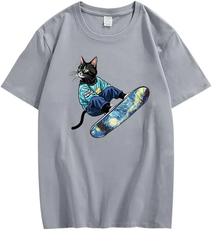 CORIRESHA Women's Cute Cat Skateboarding Crewneck Short Sleeve Loose Cotton Fashion T-Shirt