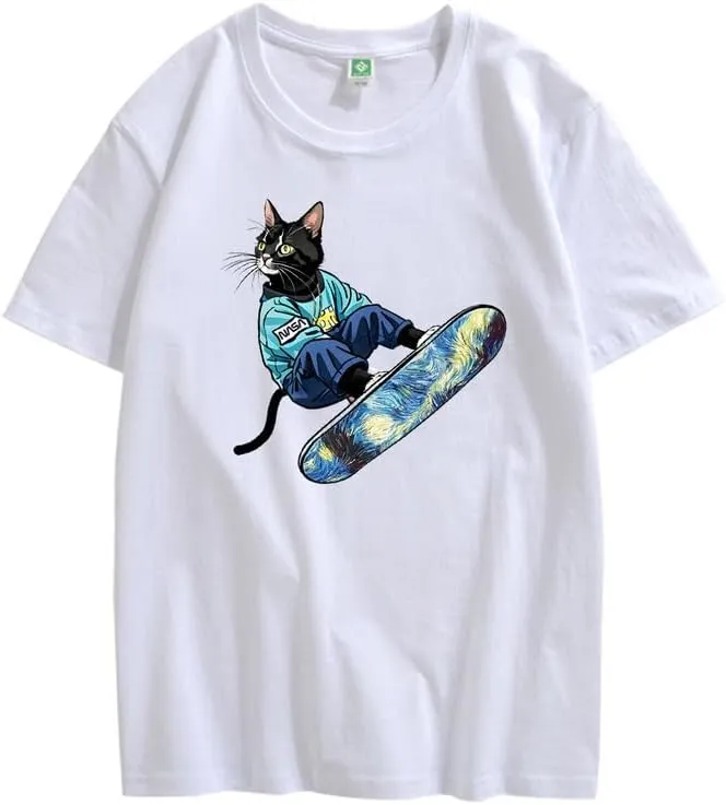 CORIRESHA Women's Cute Cat Skateboarding Crewneck Short Sleeve Loose Cotton Fashion T-Shirt