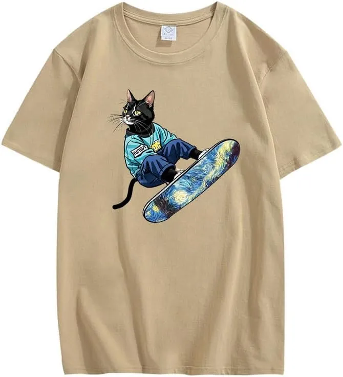 CORIRESHA Women's Cute Cat Skateboarding Crewneck Short Sleeve Loose Cotton Fashion T-Shirt