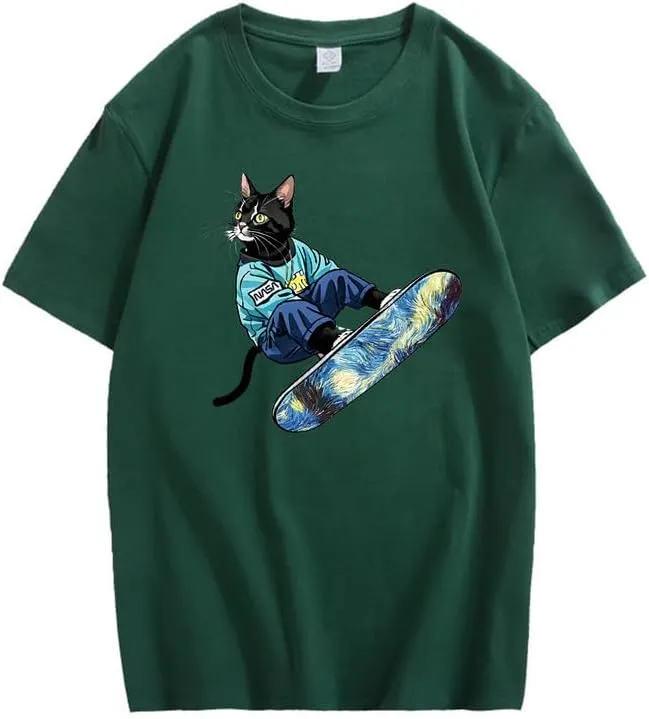 CORIRESHA Women's Cute Cat Skateboarding Crewneck Short Sleeve Loose Cotton Fashion T-Shirt