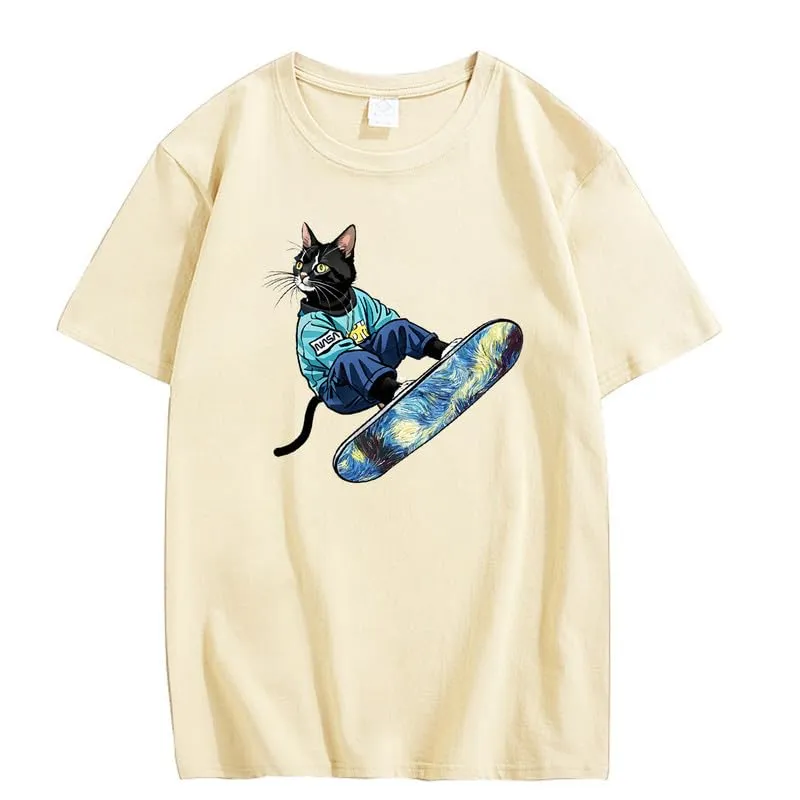 CORIRESHA Women's Cute Cat Skateboarding Crewneck Short Sleeve Loose Cotton Fashion T-Shirt