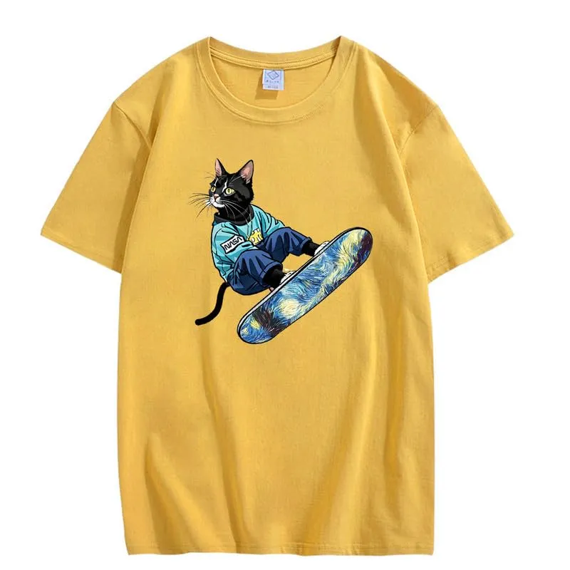 CORIRESHA Women's Cute Cat Skateboarding Crewneck Short Sleeve Loose Cotton Fashion T-Shirt