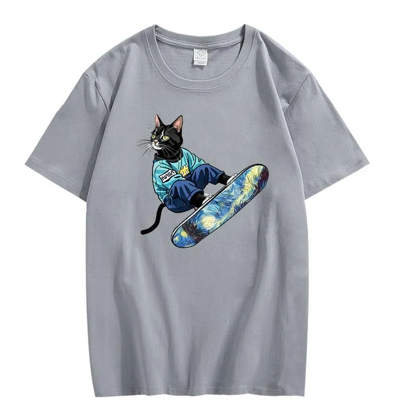 CORIRESHA Women's Cute Cat Skateboarding Crewneck Short Sleeve Loose Cotton Fashion T-Shirt