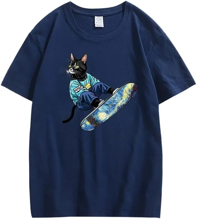 CORIRESHA Women's Cute Cat Skateboarding Crewneck Short Sleeve Loose Cotton Fashion T-Shirt