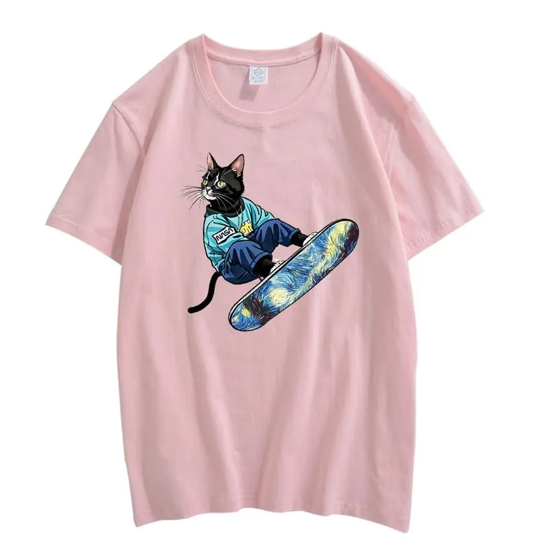 CORIRESHA Women's Cute Cat Skateboarding Crewneck Short Sleeve Loose Cotton Fashion T-Shirt