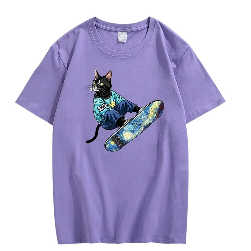 CORIRESHA Women's Cute Cat Skateboarding Crewneck Short Sleeve Loose Cotton Fashion T-Shirt