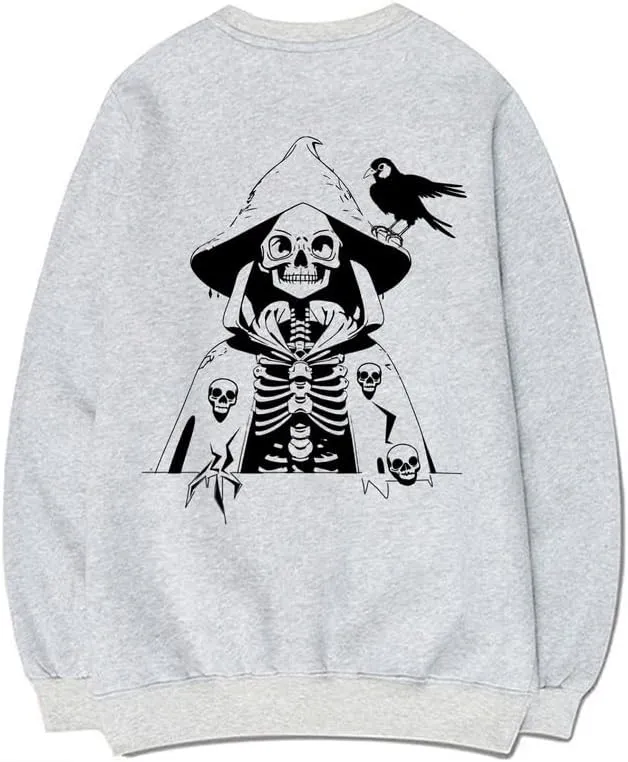 CORIRESHA Women's Skull Print Long Sleeve Crewneck Casual Cozy Cotton Halloween Sweatshirt