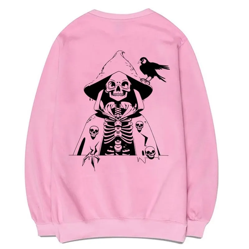 CORIRESHA Women's Skull Print Long Sleeve Crewneck Casual Cozy Cotton Halloween Sweatshirt