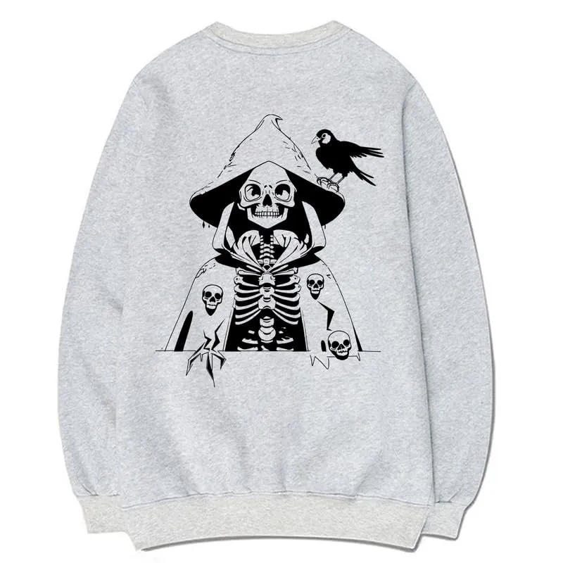 CORIRESHA Women's Skull Print Long Sleeve Crewneck Casual Cozy Cotton Halloween Sweatshirt