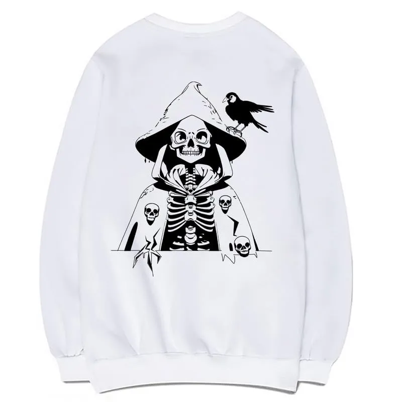 CORIRESHA Women's Skull Print Long Sleeve Crewneck Casual Cozy Cotton Halloween Sweatshirt