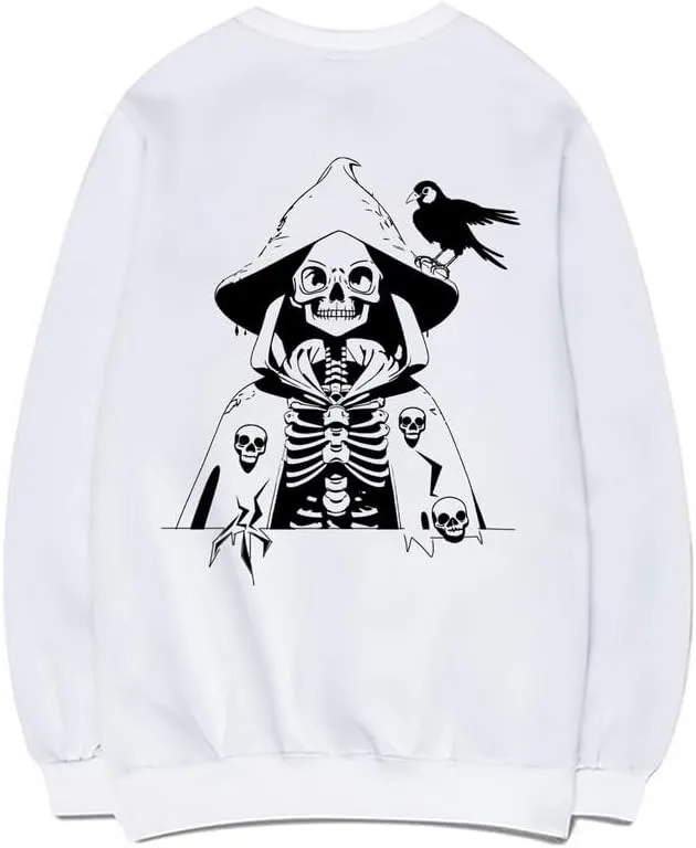 CORIRESHA Women's Skull Print Long Sleeve Crewneck Casual Cozy Cotton Halloween Sweatshirt