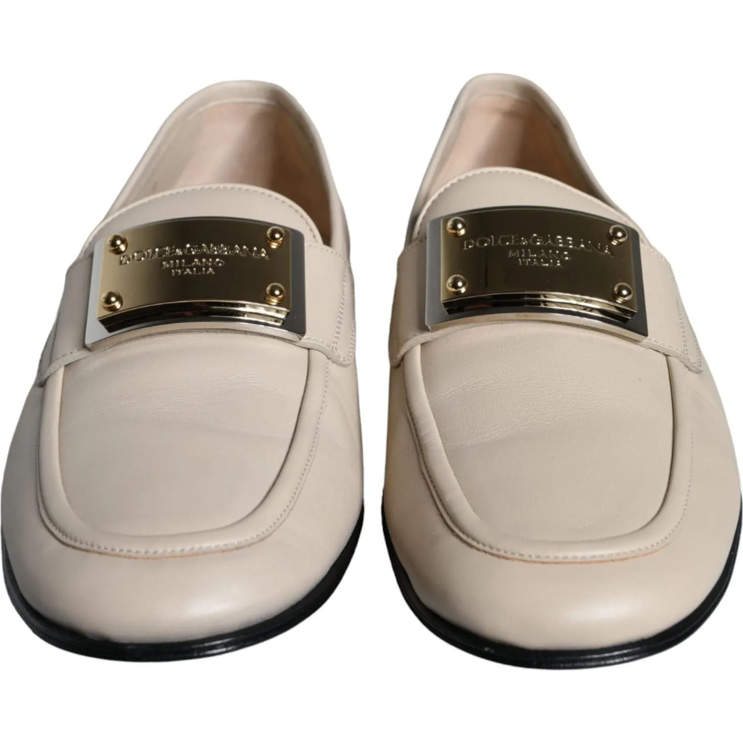 Dolce & Gabbana Beige Leather Logo Plaque Slip On Men Loafers Shoes