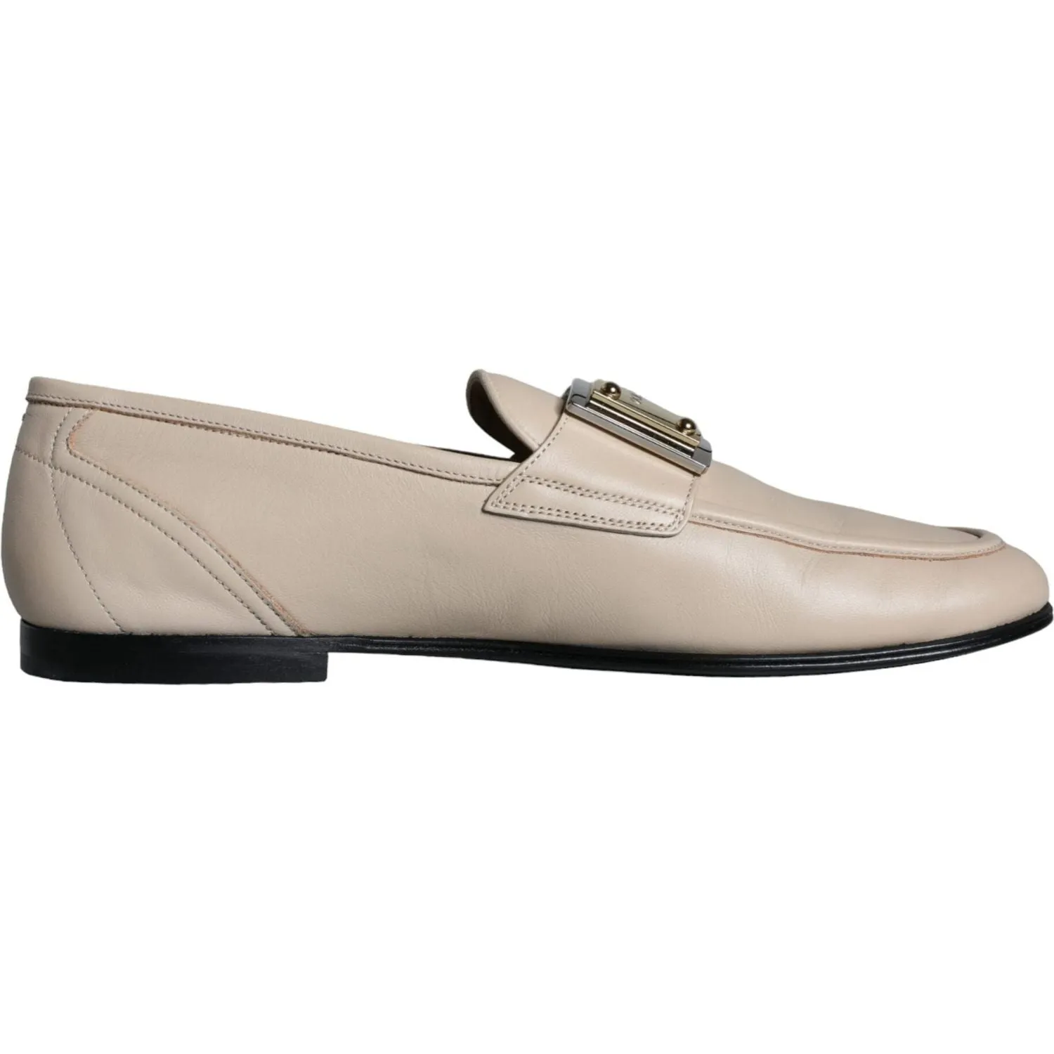 Dolce & Gabbana Beige Leather Logo Plaque Slip On Men Loafers Shoes