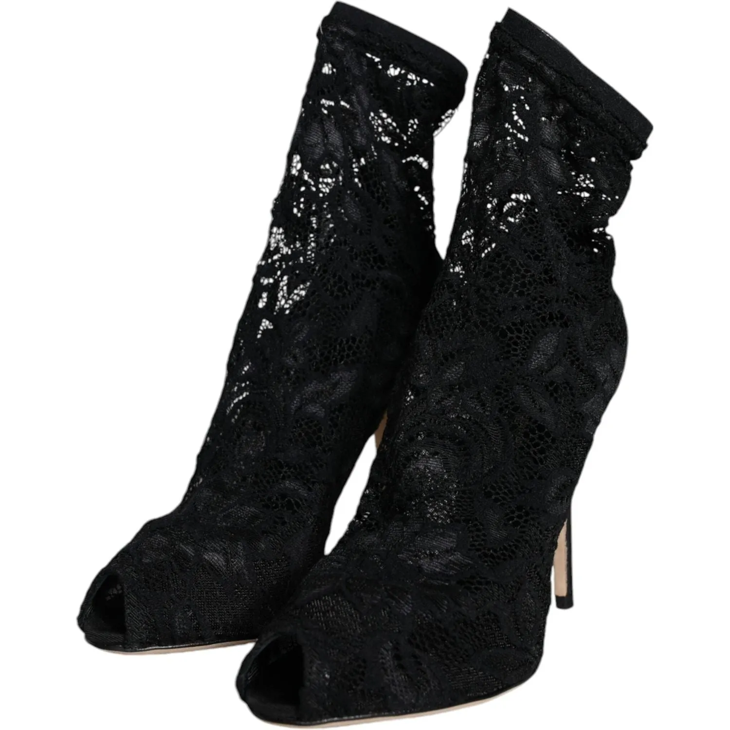 Dolce & Gabbana Black Lace Stretch Heels Mid Calf Boot Shoes