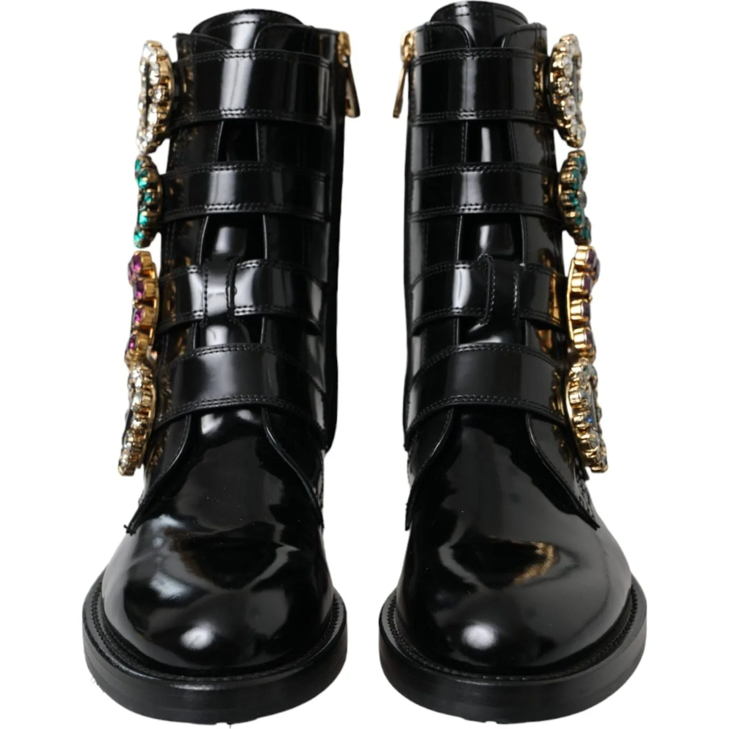 Dolce & Gabbana Black Leather Crystal Buckles Boots Shoes