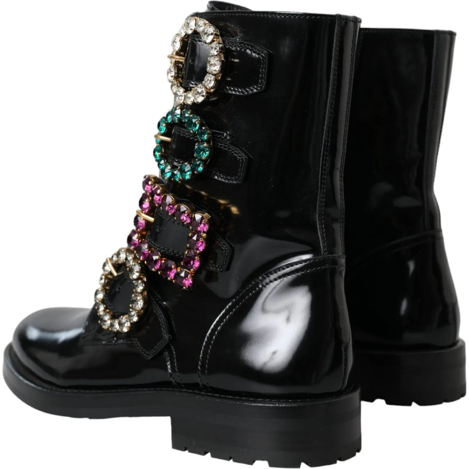 Dolce & Gabbana Black Leather Crystal Buckles Boots Shoes