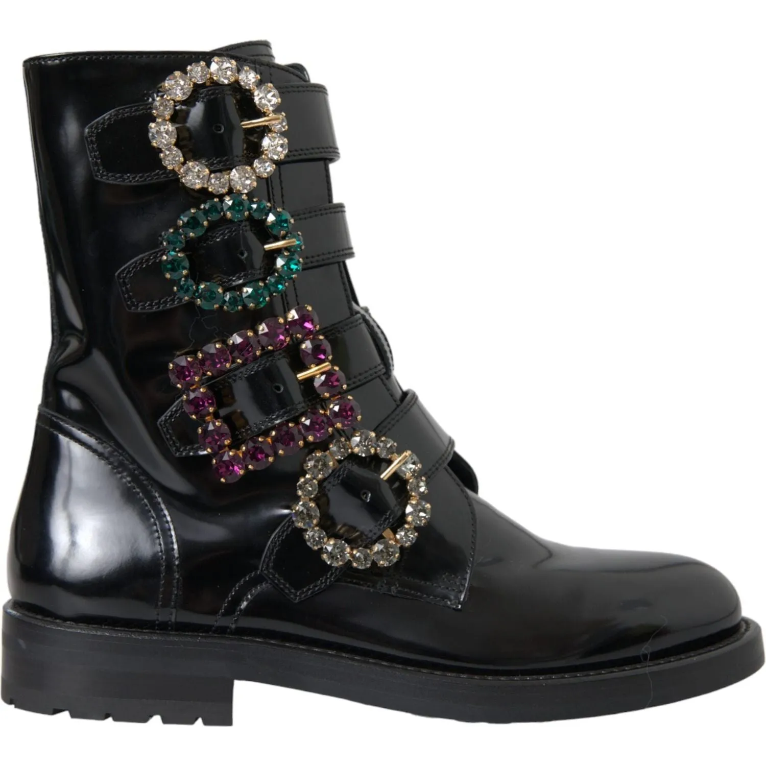 Dolce & Gabbana Black Leather Crystal Buckles Boots Shoes